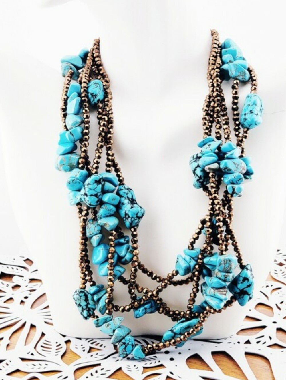 Multi Strand Real Turquoise Chunky Beaded Statement Necklace